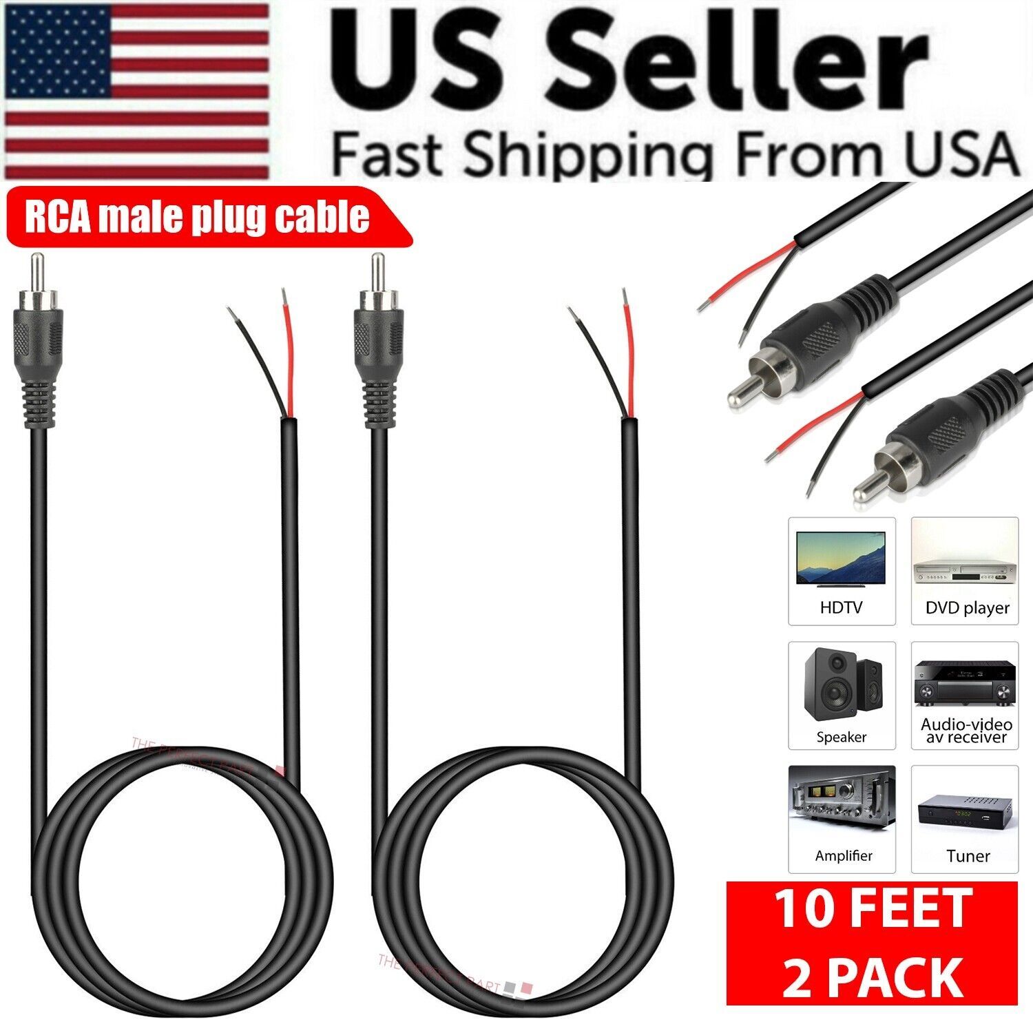 Home Cinema Beamer - 2-Pack 10ft RCA Male Plug To